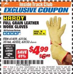 Harbor Freight ITC Coupon FULL GRAIN LEATHER WORK GLOVES - LARGE Lot No. 35166/61459/62352 Expired: 5/31/19 - $4.99