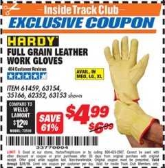 Harbor Freight ITC Coupon HARDY FULL-GRAIN COWHIDE LEATHER WORK GLOVES Lot No. 61459/63153/63154 Expired: 5/31/19 - $4.99