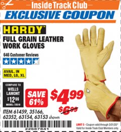 Harbor Freight ITC Coupon HARDY FULL-GRAIN COWHIDE LEATHER WORK GLOVES Lot No. 61459/63153/63154 Expired: 3/31/20 - $4.99