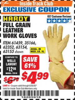 Harbor Freight ITC Coupon HARDY FULL-GRAIN COWHIDE LEATHER WORK GLOVES Lot No. 61459/63153/63154 Expired: 6/30/20 - $4.99