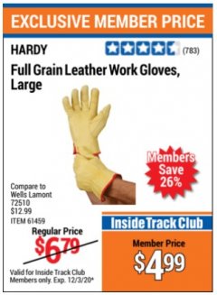 Harbor Freight ITC Coupon FULL GRAIN LEATHER WORK GLOVES - LARGE Lot No. 35166/61459/62352 Expired: 12/3/20 - $4.99