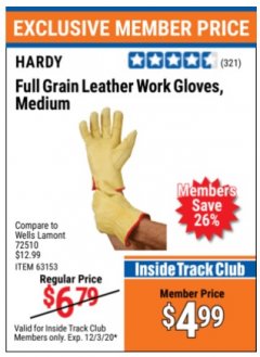 Harbor Freight ITC Coupon FULL GRAIN LEATHER WORK GLOVES - LARGE Lot No. 35166/61459/62352 Expired: 12/3/20 - $4.99