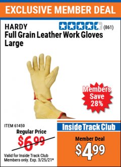 Harbor Freight ITC Coupon FULL GRAIN LEATHER WORK GLOVES - LARGE Lot No. 35166/61459/62352 Expired: 3/25/21 - $4.99