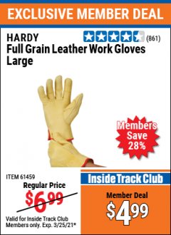 Harbor Freight ITC Coupon HARDY FULL-GRAIN COWHIDE LEATHER WORK GLOVES Lot No. 61459/63153/63154 Expired: 3/25/21 - $4.99