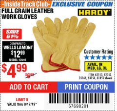 Harbor Freight ITC Coupon FULL GRAIN LEATHER WORK GLOVES - LARGE Lot No. 35166/61459/62352 Expired: 9/17/19 - $4.99