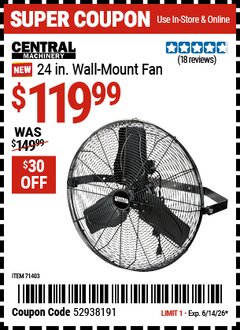 Harbor Freight Coupon CENTRAL MACHINERY 24 IN. WALL-MOUNT FAN Lot No. 71403 Expired: 6/14/26 - $119.99