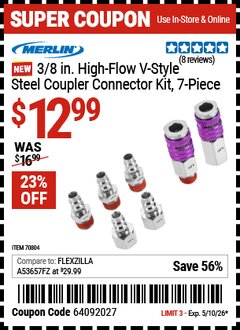 Harbor Freight Coupon MERLIN 3/8 IN. HIGH-FLOW V-STYLE STEEL COUPLER CONNECTOR KIT, 7-PIECE Lot No. 70804 Expired: 5/10/26 - $12.99