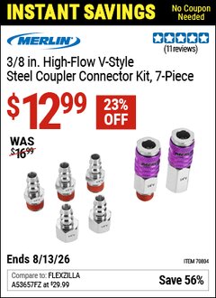 Harbor Freight Coupon MERLIN 3/8 IN. HIGH-FLOW V-STYLE STEEL COUPLER CONNECTOR KIT, 7-PIECE Lot No. 70804 Expired: 6/13/26 - $12.99