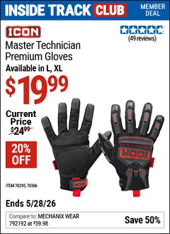 Harbor Freight ITC Coupon ICON MASTER TECHNICIAN PREMIUM GLOVES Lot No. 70295/70306 Valid Thru: 5/28/26 - $19.99