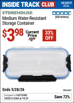 Harbor Freight ITC Coupon STOREHOUSE MEDIUM WATER-RESISTANT STORAGE CONTAINER Lot No. 56577 Valid Thru: 5/28/26 - $3.98