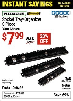 Harbor Freight Coupon PITTSBURGH SOCKET TRAY/ORGANIZER, 3-PIECE Lot No. 68100/68102 Valid Thru: 10/8/26 - $7.99