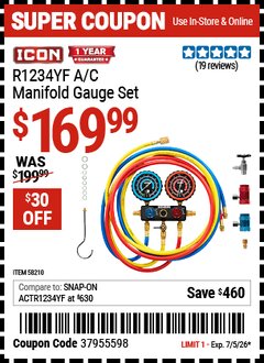 Harbor Freight Coupon ICON R1234YF A/C MANIFOLD GAUGE SET Lot No. 58210 EXPIRES: 7/5/26 - $169.99