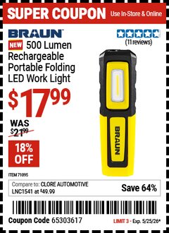 Harbor Freight Coupon BRAUN 500 LUMEN RECHARGEABLE PORTABLE FOLDING LED WORK LIGHT Lot No. 71095 Valid Thru: 5/25/26 - $17.99