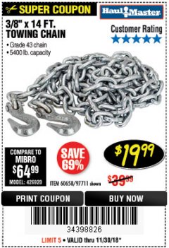 Harbor Freight Coupon 3/8" x 14 FT. GRADE 43 TOWING CHAIN Lot No. 97711/60658 Expired: 11/30/18 - $19.99