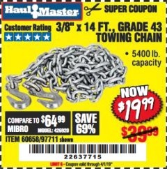 Harbor Freight Coupon 3/8" x 14 FT. GRADE 43 TOWING CHAIN Lot No. 97711/60658 Expired: 4/1/19 - $19.99