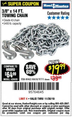 Harbor Freight Coupon 3/8" x 14 FT. GRADE 43 TOWING CHAIN Lot No. 97711/60658 Expired: 11/30/19 - $19.99