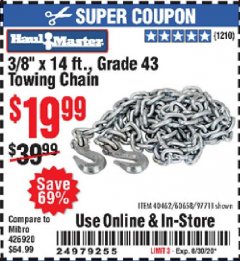 Harbor Freight Coupon 3/8" x 14 FT. GRADE 43 TOWING CHAIN Lot No. 97711/60658 Expired: 8/30/20 - $19.99