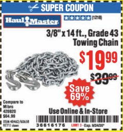 Harbor Freight Coupon 3/8" x 14 FT. GRADE 43 TOWING CHAIN Lot No. 97711/60658 Expired: 9/24/20 - $19.99