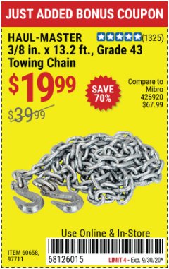 Harbor Freight Coupon 3/8" x 14 FT. GRADE 43 TOWING CHAIN Lot No. 97711/60658 Expired: 9/30/20 - $19.99