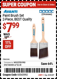 Harbor Freight Coupon AVANTI PAINT BRUSH SET, 2-PIECE, BEST QUALITY Lot No. 56948 Valid Thru: 5/25/26 - $7.99