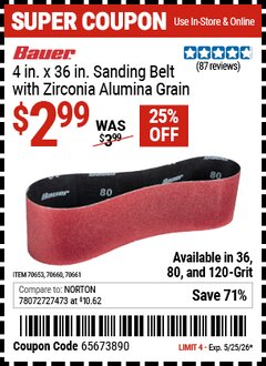 Harbor Freight Coupon BAUER 4 IN. X 36 IN. SANDING BELT WITH ZIRCONIA ALUMINA GRAIN Lot No. 70653/70660/70661 Valid Thru: 5/25/26 - $2.99