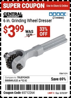 Harbor Freight Coupon CENTRAL MACHINERY 6 IN. GRINDING WHEEL DRESSER Lot No. 71274 Valid Thru: 5/25/26 - $3.99