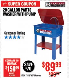 Harbor Freight Coupon 20 GALLON PARTS WASHER WITH PUMP Lot No. 7340/60769/94702 Expired: 7/8/18 - $89.99
