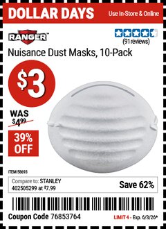 Harbor Freight Coupon RANGER NUISANCE DUST MASKS, 10-PACK Lot No. 58693 Valid Thru: 6/3/26 - $3