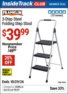 Harbor Freight ITC Coupon FRANKLIN 3-STEP STEEL FOLDING STEP STOOL Lot No. 70940 Valid Thru: 10/29/26 - $39.99