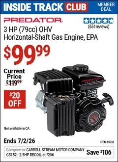 Harbor Freight ITC Coupon PREDATOR 3 HP (79CC) OHV HORIZONTAL-SHAFT GAS ENGINE, EPA Lot No. 69733 Valid Thru: 7/2/26 - $99.99