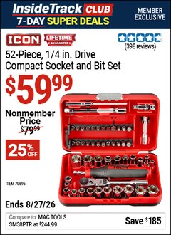 Harbor Freight ITC Coupon ICON 1/4 IN. DRIVE COMPACT SOCKET AND BIT SET, 52-PIECE Lot No. 70695 Expired: 8/27/26 - $59.99