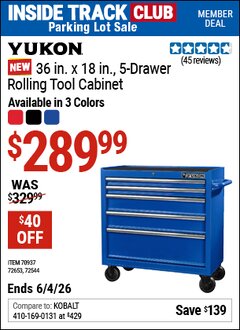 Harbor Freight Coupon YUKON 36 IN. X 18 IN., 5-DRAWER ROLLING TOOL CABINET Lot No. 70937/72544/72653 Valid: 12/31/69 - 6/4/26 - $289.99