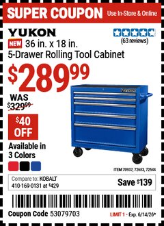 Harbor Freight Coupon YUKON 36 IN. X 18 IN., 5-DRAWER ROLLING TOOL CABINET Lot No. 70937/72544/72653 Valid Thru: 6/14/26 - $289.99