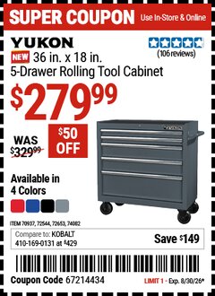 Harbor Freight Coupon YUKON 36 IN. X 18 IN., 5-DRAWER ROLLING TOOL CABINET Lot No. 70937/72544/72653 Valid Thru: 8/30/26 - $279.99