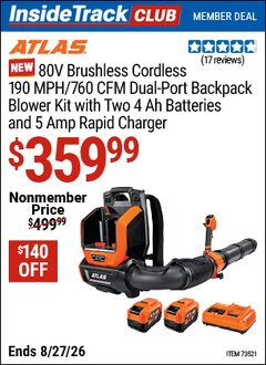 Harbor Freight Coupon ATLAS 80V DUAL-PORT BACKPACK BLOWER KIT WITH 2 4AH BATTERIES AND 5A RAPID CHARGER Lot No. 73521 Valid: 12/31/69 - 8/27/26 - $359.99