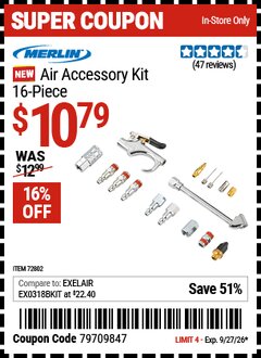 Harbor Freight Coupon MERLIN AIR ACCESSORY KIT, 16-PIECE Lot No. 72802 Valid Thru: 9/27/26 - $10.79