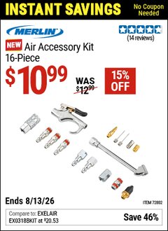 Harbor Freight Coupon MERLIN AIR ACCESSORY KIT &ndash; 16-PIECE Lot No. 72802 Expired: 6/13/26 - $10.99