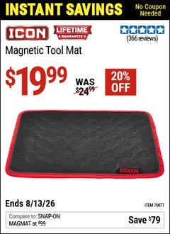 Harbor Freight Coupon ICON MAGNETIC TOOL MAT Lot No. 70077 Valid Thru: 8/13/26 - $19.99