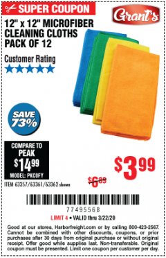 Harbor Freight Coupon MICROFIBER CLEANING CLOTHS PACK OF 12 Lot No. 63357/63361/63362 Expired: 3/22/20 - $3.99
