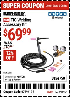 Harbor Freight Coupon BERGER TIG WELDING ACCESSORY KIT Lot No. 72984 Valid Thru: 8/30/26 - $69.99