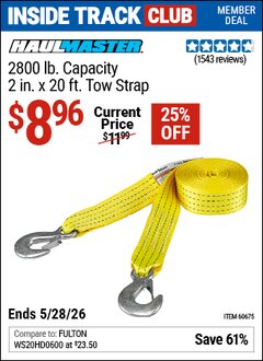 Harbor Freight Coupon HAUL-MASTER 2800 LB. CAPACITY, 2 IN. X 20 FT. TOW STRAP Lot No. 60675/56889 Valid: 12/31/69 - 5/28/26 - $8.96