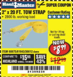 Harbor Freight Coupon 2" x 20 FT. TOW STRAP Lot No. 36612/60675/61943 Expired: 10/21/19 - $8.99