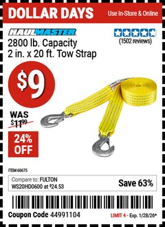 Harbor Freight Coupon HAUL-MASTER 2800 LB. CAPACITY, 2 IN. X 20 FT. TOW STRAP Lot No. 60675/56889 EXPIRES: 1/28/26 - $9
