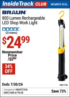 Harbor Freight ITC Coupon BRAUN 800 LUMEN RECHARGEABLE LED SHOP WORK LIGHT Lot No. 71150 Valid Thru: 7/30/26 - $24.99