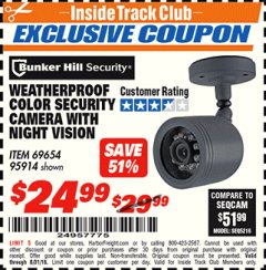 Harbor Freight ITC Coupon WEATHERPROOF COLOR SECURITY CAMERA WITH NIGHT VISION Lot No. 95914/69654 Expired: 8/31/18 - $24.99