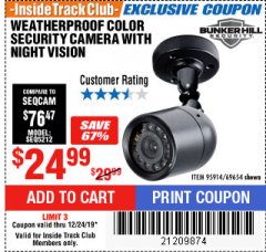 Harbor Freight Coupon WEATHERPROOF COLOR SECURITY CAMERA WITH NIGHT VISION Lot No. 95914/69654 Expired: 12/24/19 - $24.99