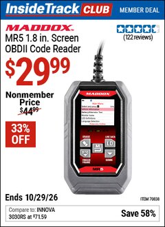 Harbor Freight ITC Coupon MADDOX MR5 1.8 IN. SCREEN OBDII CODE READER Lot No. 70838 Valid Thru: 10/29/26 - $29.99