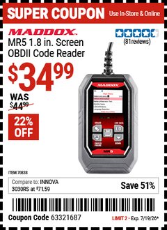 Harbor Freight Coupon MADDOX MR5 1.8 IN. SCREEN OBDII CODE READER Lot No. 70838 Expired: 7/19/26 - $34.99