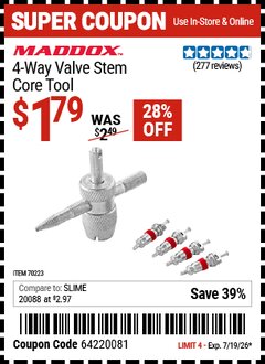 Harbor Freight Coupon MADDOX 4-WAY VALVE STEM CORE TOOL Lot No. 70223 Valid Thru: 7/19/26 - $1.79