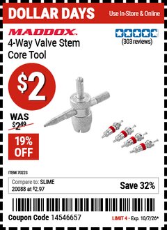 Harbor Freight Coupon MADDOX 4-WAY VALVE STEM CORE TOOL Lot No. 70223 Valid Thru: 10/7/26 - $2